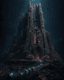 A severe monolithic coral cathedral in a dark ocean trench, approached by tiny pilgrims