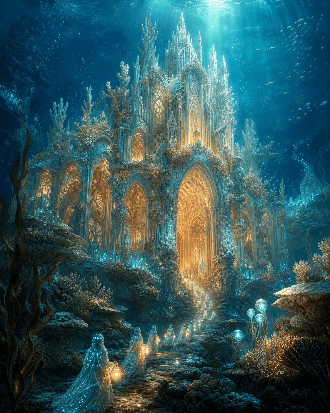 A luminous coral cathedral beneath the ocean, approached by pilgrims carrying warm lights